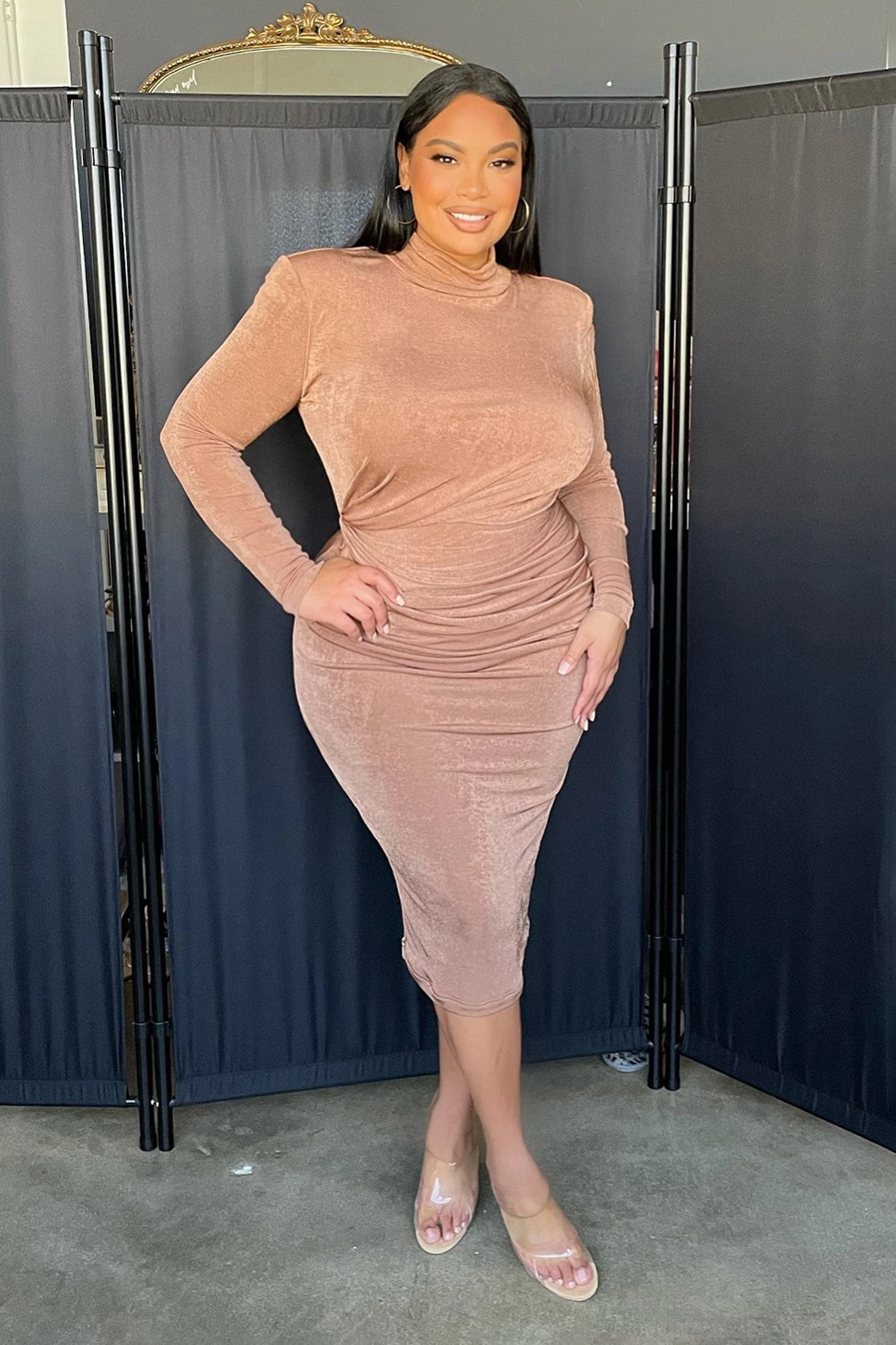 Tan Kara Mock Neck Dress 1 Tan Kara Mock Neck Dress