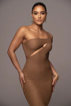 Tan Genasis One Shoulder Dress -Trendify Store PRODUCT JAN52023 VDAY 249