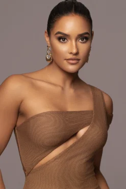 Tan Genasis One Shoulder Dress -Trendify Store PRODUCT JAN52023 VDAY 252