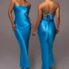 Blue Irina Satin Strapless Maxi Dress