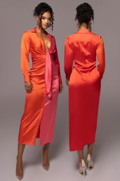 Pink Color Block Satin Midi Dress