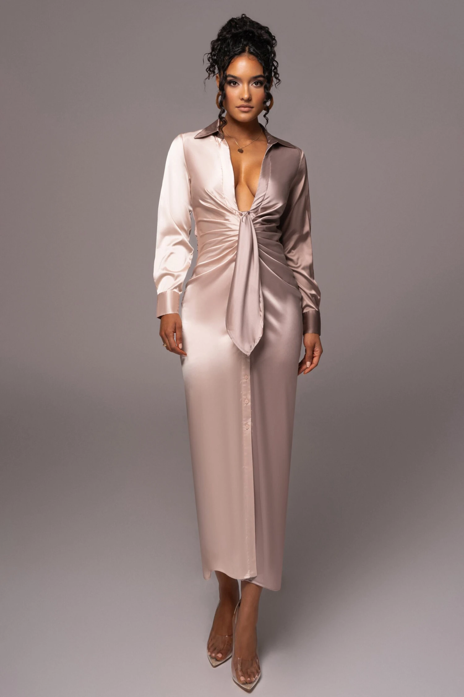 Taupe Color Block Satin Midi Dress 4 Taupe Color Block Satin Midi Dress - Image 4