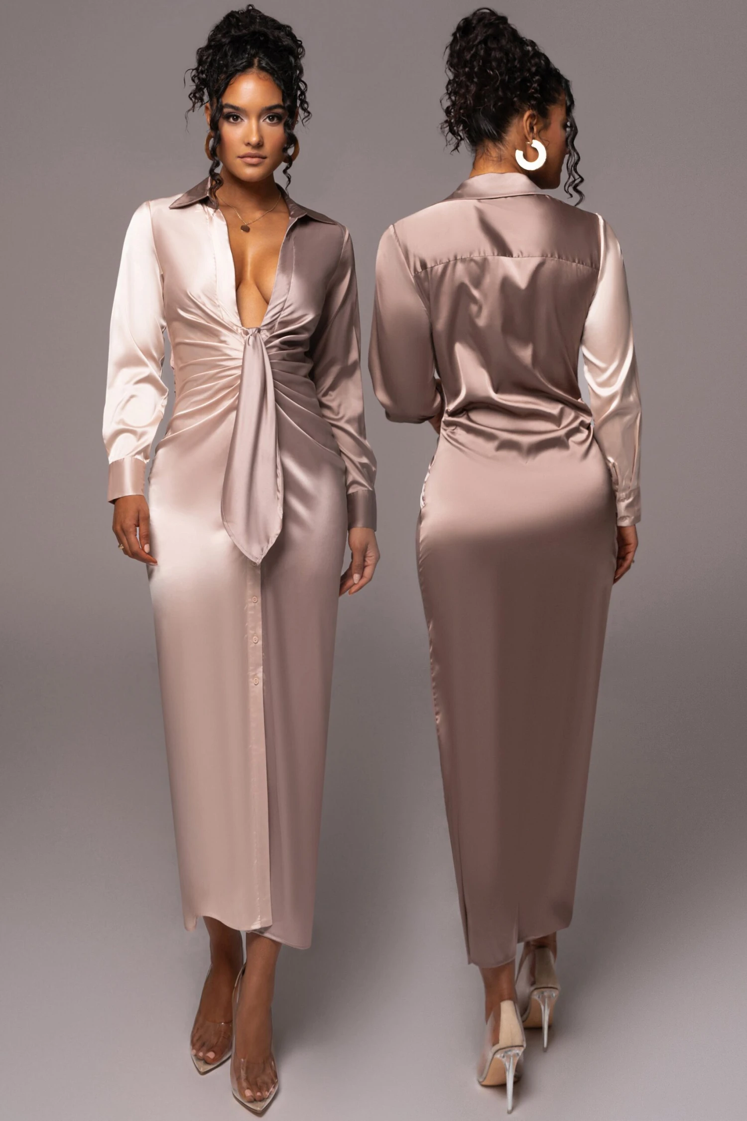 Taupe Color Block Satin Midi Dress 1 Taupe Color Block Satin Midi Dress