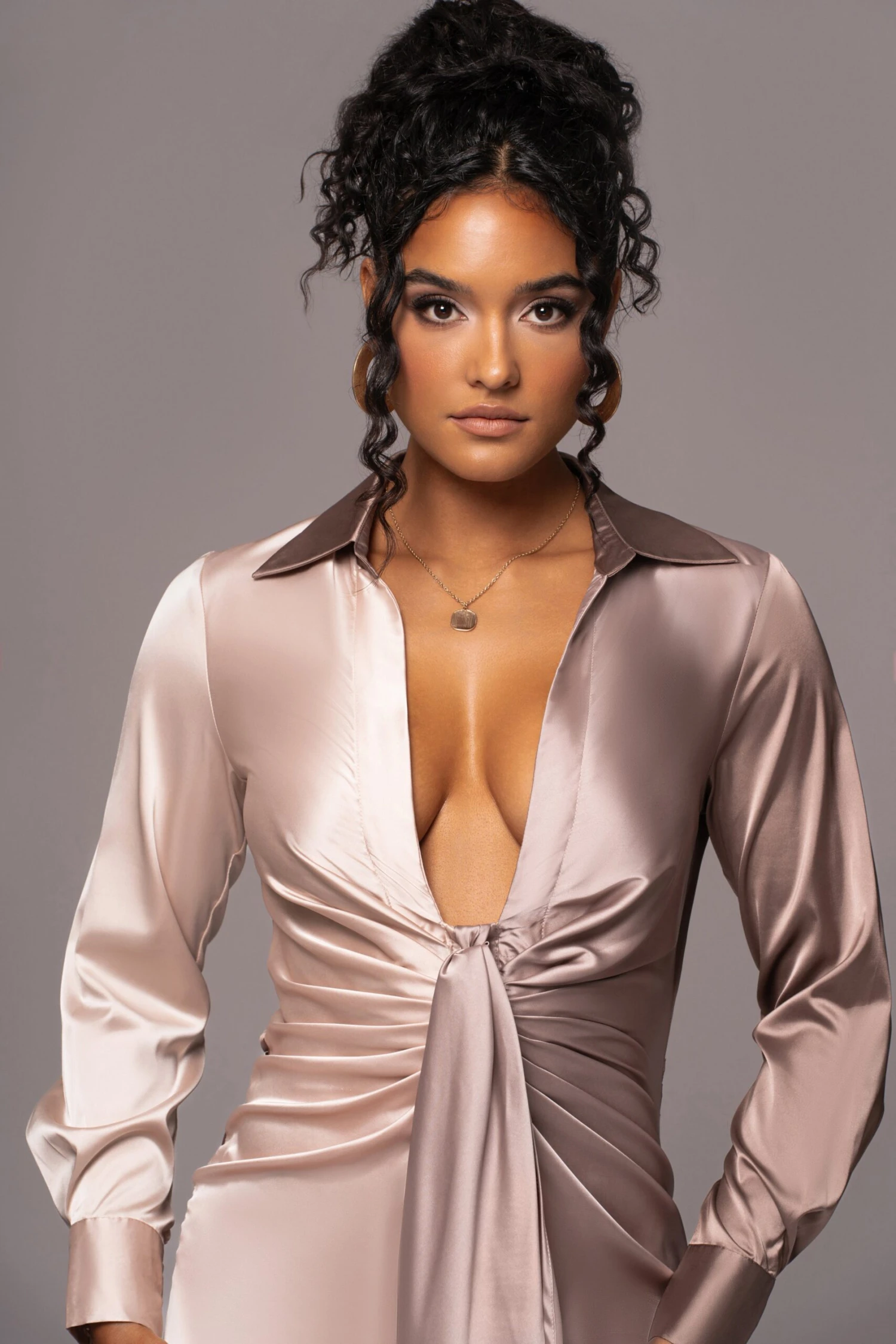 Taupe Color Block Satin Midi Dress 5 Taupe Color Block Satin Midi Dress - Image 5