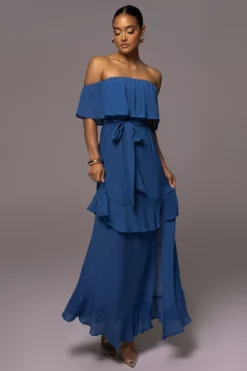 Blue Marsela Off-Shoulder Linen Maxi Dress